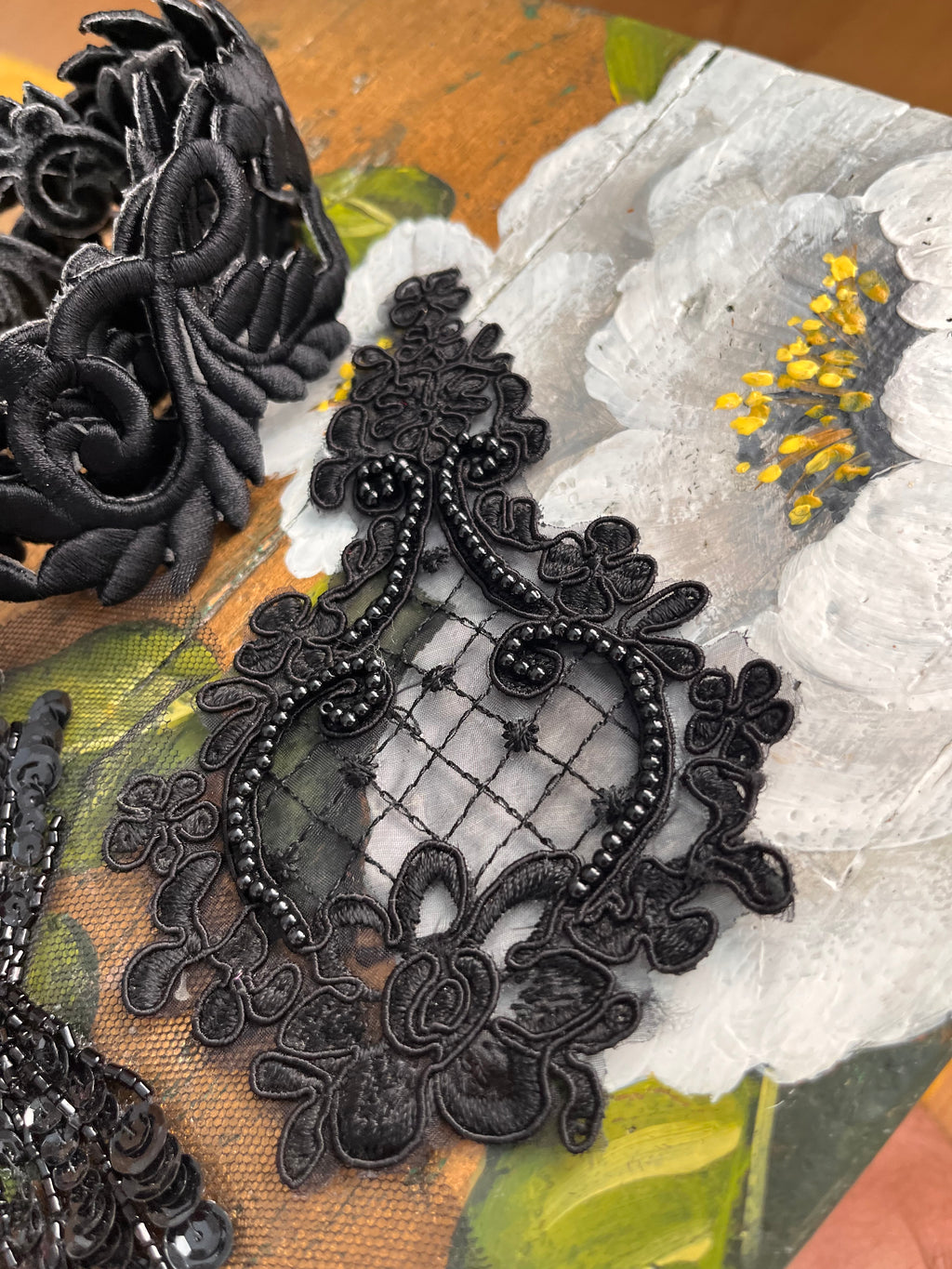 Vintage trimmings and beaded sequin patch embroideries