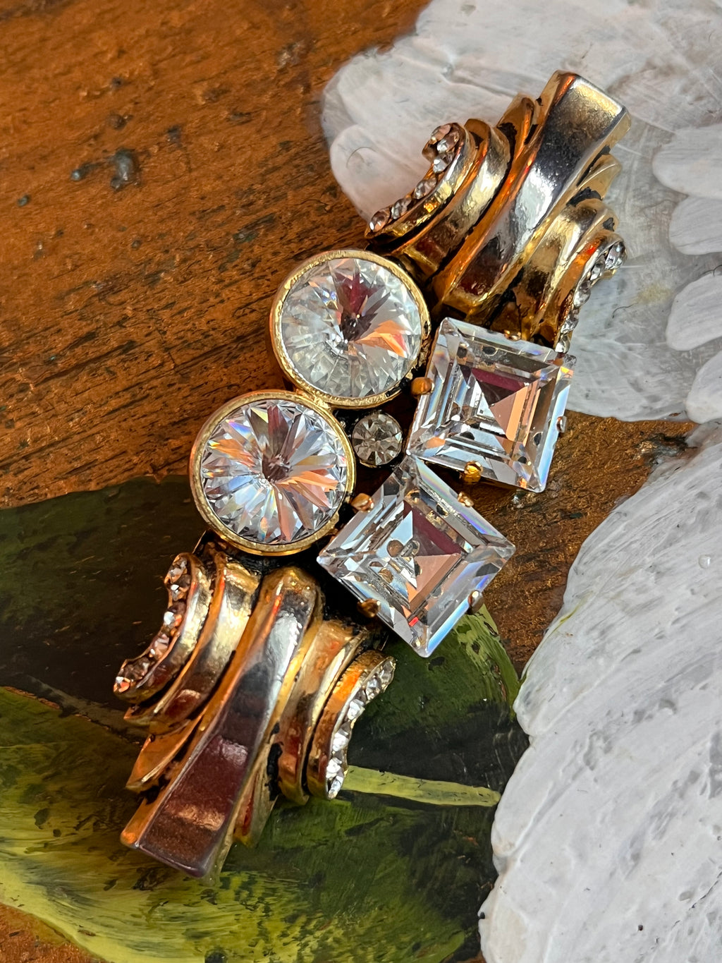 Spilla vintage dorata con strass cristallo
