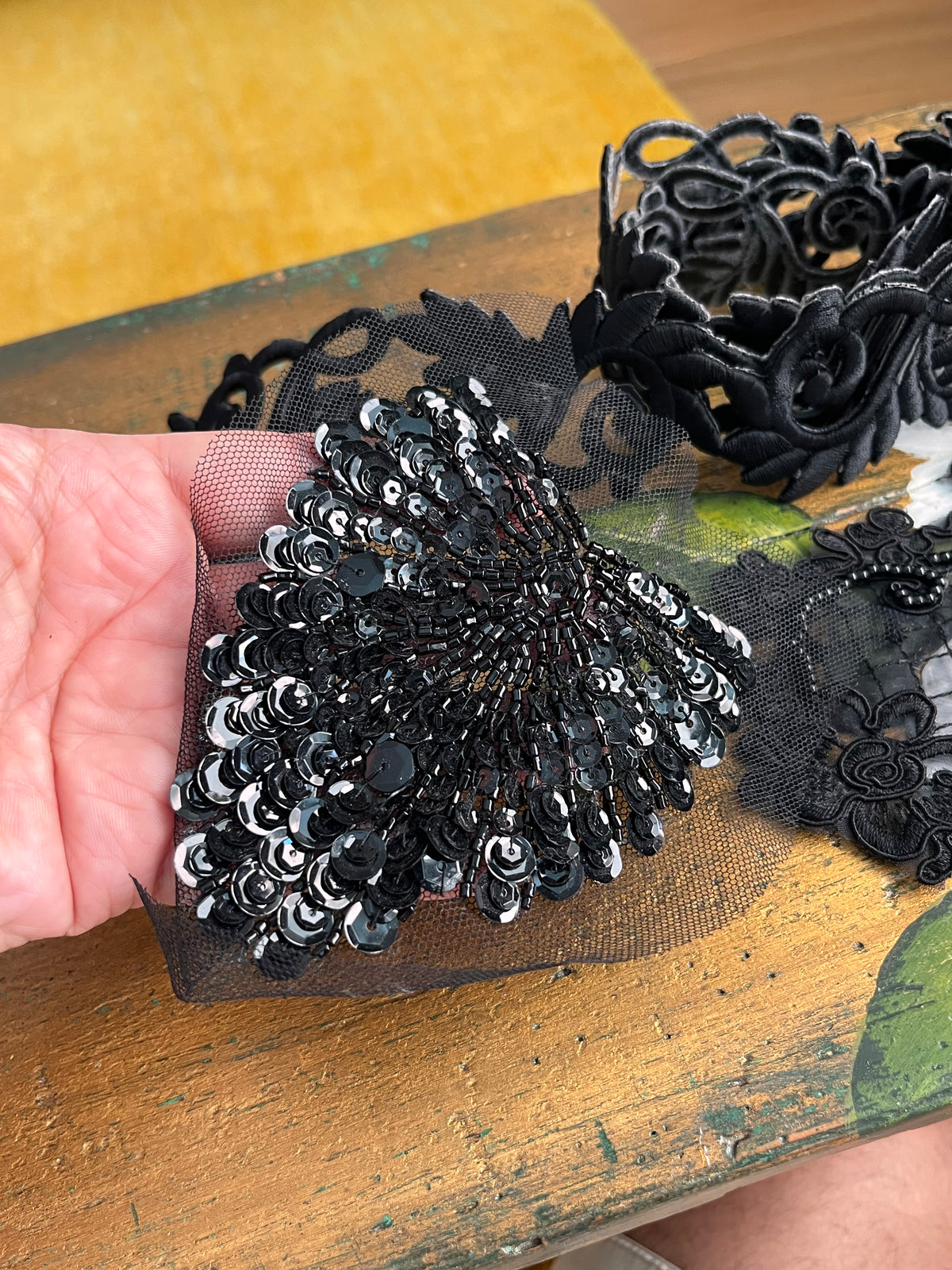 Vintage trimmings and beaded sequin patch embroideries