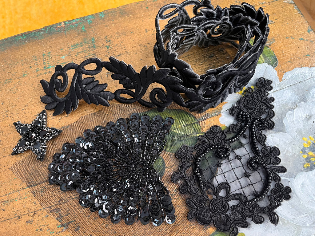 Vintage trimmings and beaded sequin patch embroideries